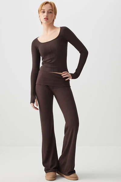 Ardene Super Stretch Fold Over Flare Leggings in Brown | Size Large | Elastane/Viscose