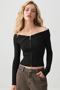 Ardene Off Shoulder Zip Up Sweater in Black | Size | Polyester/Nylon