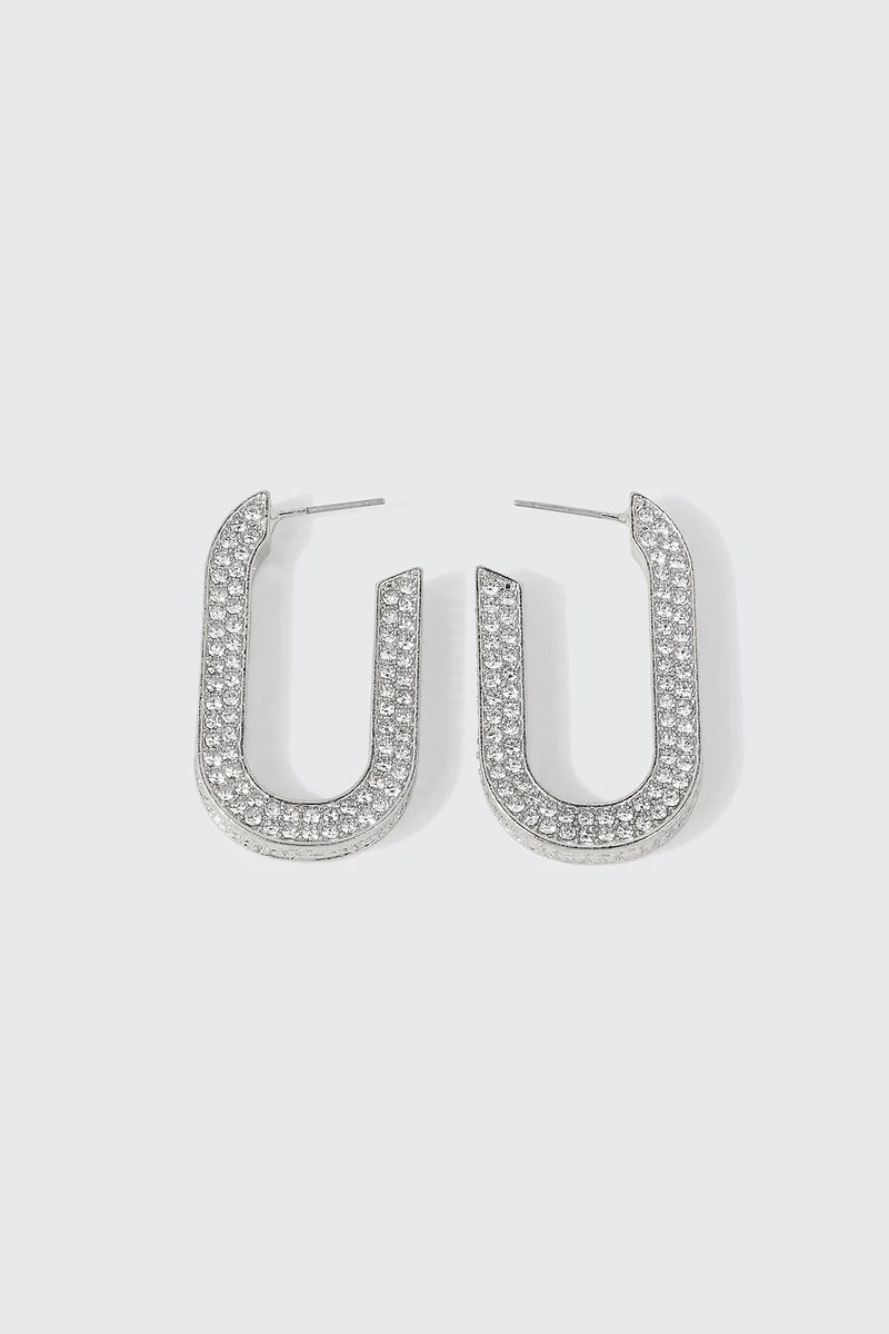 Ardene Embellished Rectangular Hoop Earrings in Silver | Stainless Steel