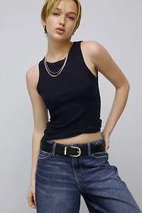 Ardene Basic Rib High Neck Tank Top in Dark Blue | Size | Cotton/Elastane