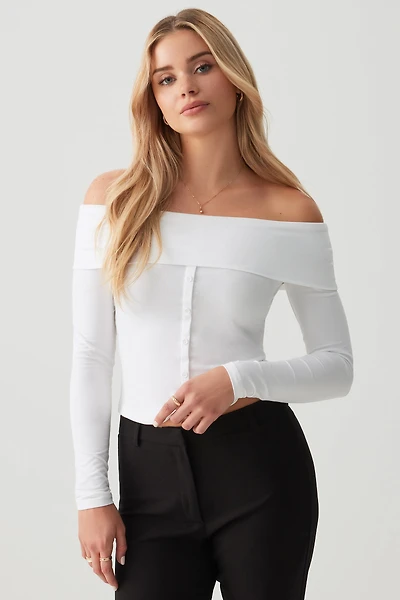 Ardene Foldover Button Down Top in White | Size | Polyester/Cotton/Elastane