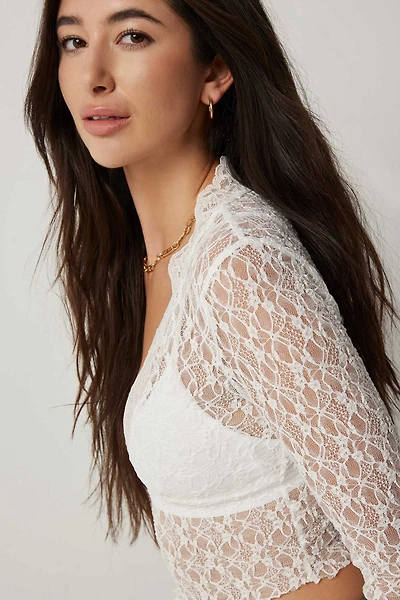 Ardene Plunge Neck Lace Top in White | Size Large | Polyester/Spandex