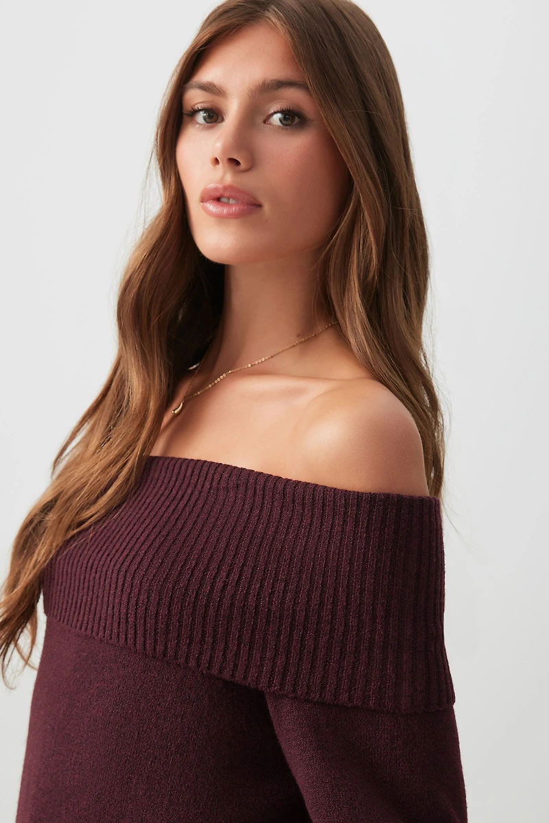 Ardene Fold Over Off Shoulder Sweater in Burgundy | Size | Polyester/Spandex