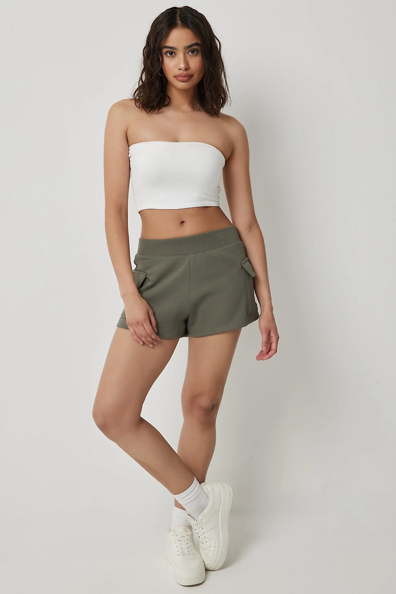Ardene Cargo Sweatshorts in Khaki | Size | Polyester/Cotton | Fleece-Lined