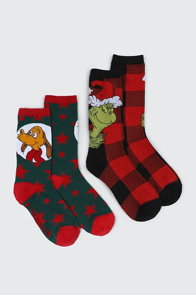 Ardene 2-Pack The Grinch Crew Socks in Red | Polyester/Elastane