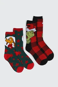 Ardene 2-Pack The Grinch Crew Socks in Red | Polyester/Elastane