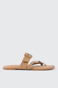 Ardene Toe Loop Flat Sandals with Chunky Buckle in Beige | Size | Faux Leather | Eco-Conscious