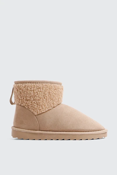 Ardene Faux Sheepskin Ankle Boots with Accent Trim in Beige | Size | Faux Suede | Eco-Conscious