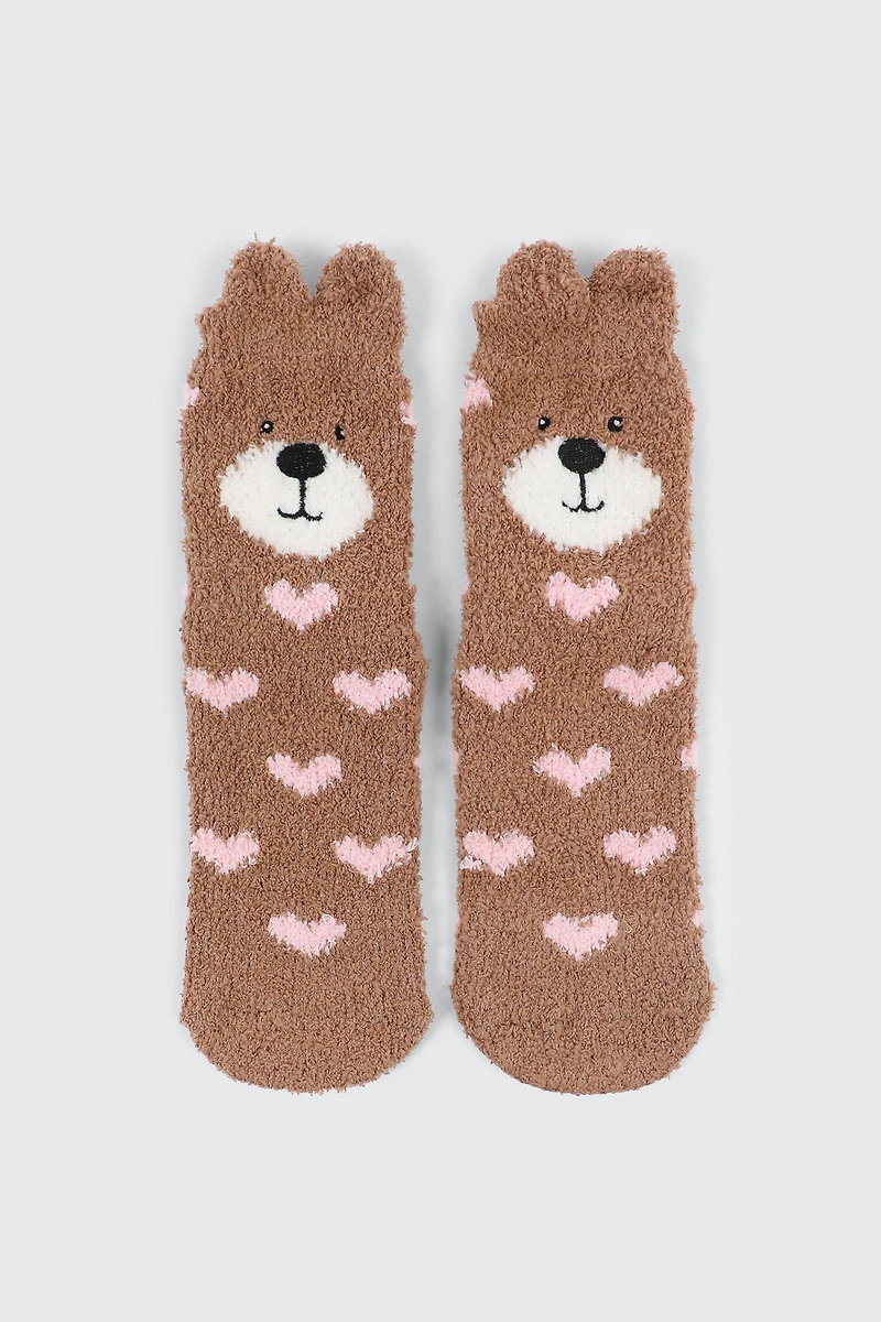 Ardene Teddy Bear Cozy Socks in Brown | Size 28 | Polyester/Spandex