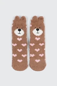 Ardene Teddy Bear Cozy Socks in Brown | Size 28 | Polyester/Spandex