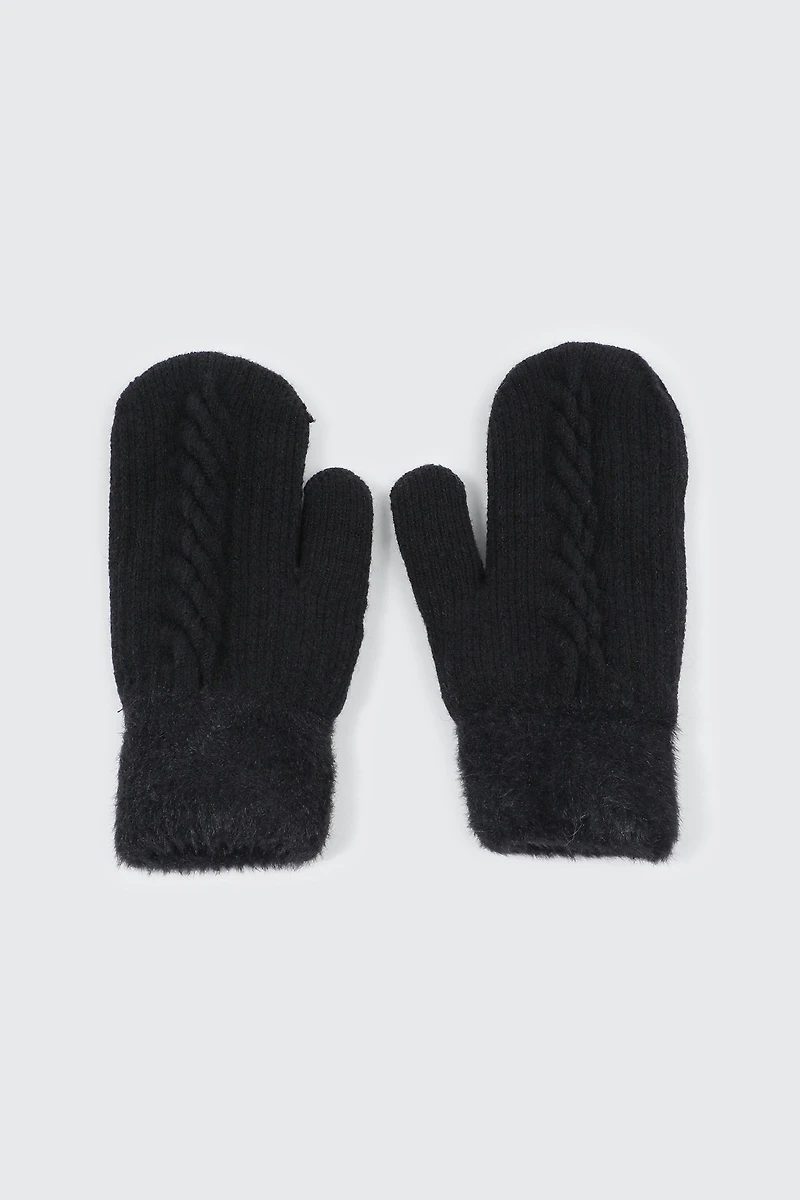 Ardene Faux Fur Lined Knit Mittens in Black | 100% Acrylic