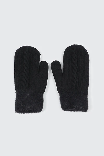 Ardene Faux Fur Lined Knit Mittens in Black | 100% Acrylic