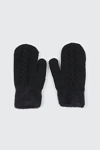 Ardene Faux Fur Lined Knit Mittens in Black | 100% Acrylic