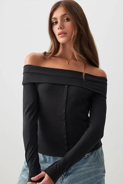 Ardene Foldover Button Down Top in | Size | Polyester/Cotton/Elastane