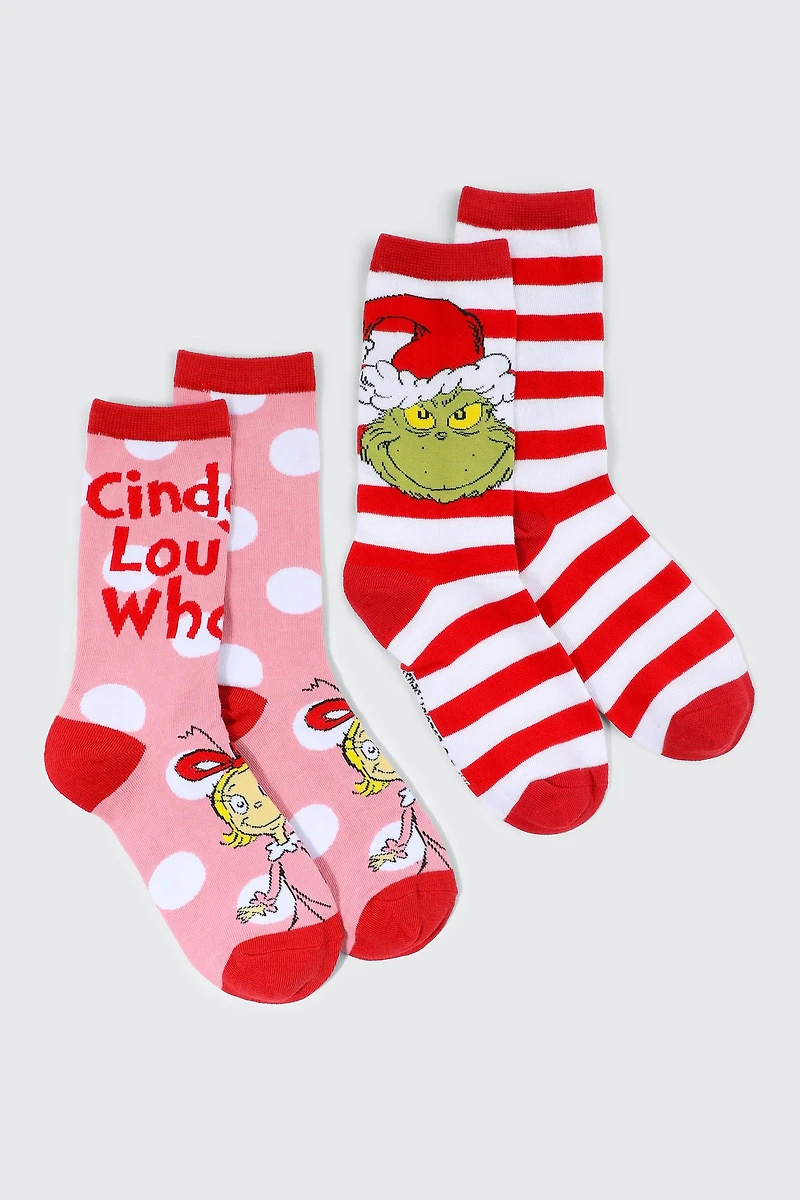 Ardene 2-Pack Cindy Lou & The Grinch Crew Socks in Medium Pink | Polyester/Elastane