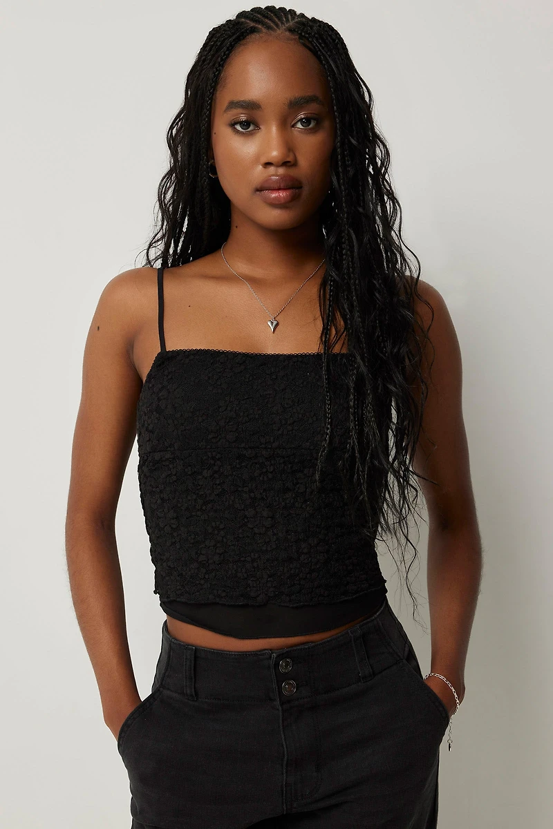 Ardene Crop Lace Tank in Black | Size Small | Polyester/Cotton/Elastane