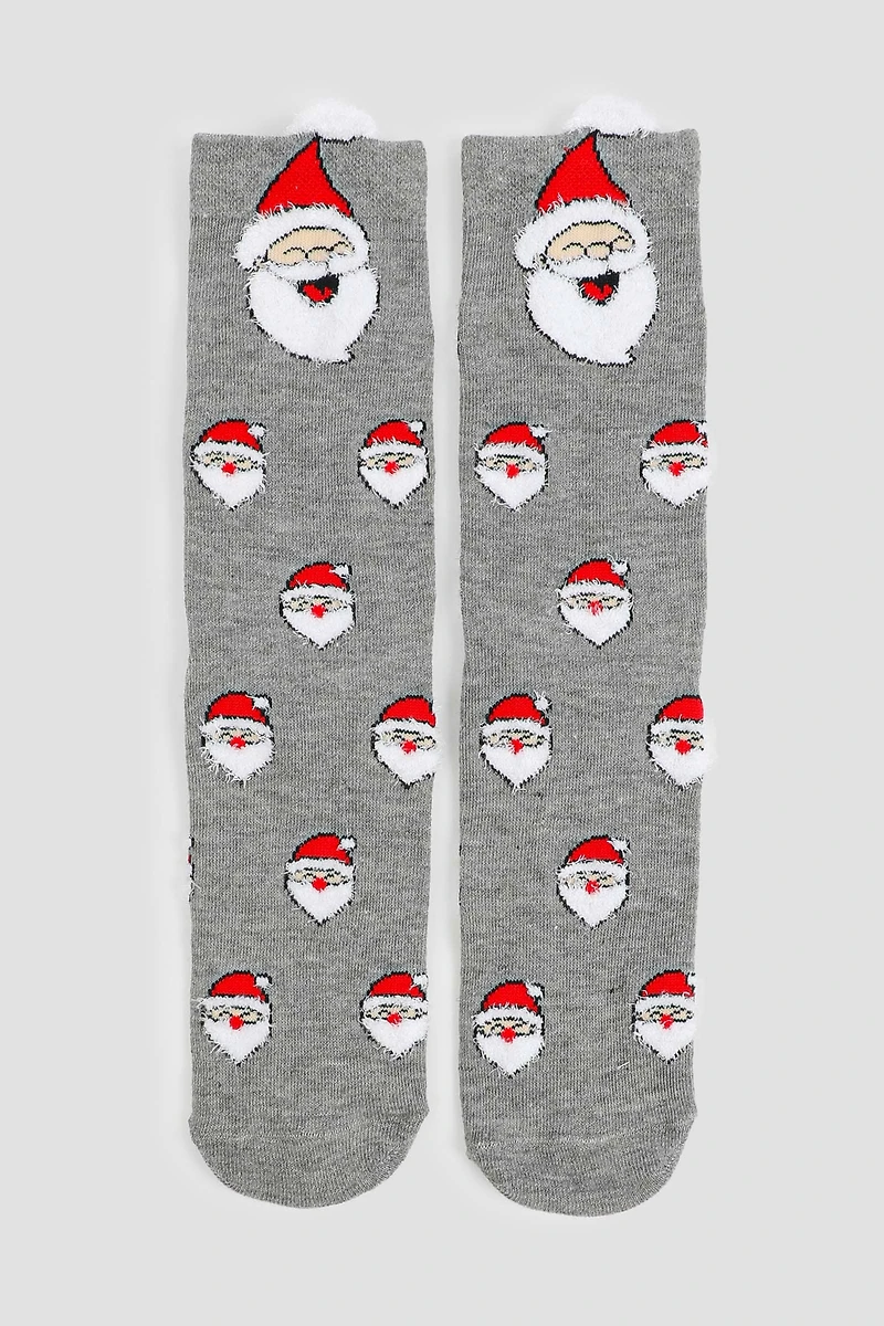 Ardene Crew Socks with Fuzzy Santas in Grey | Polyester/Spandex