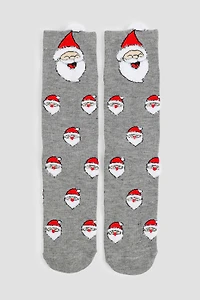 Ardene Crew Socks with Fuzzy Santas in Grey | Polyester/Spandex