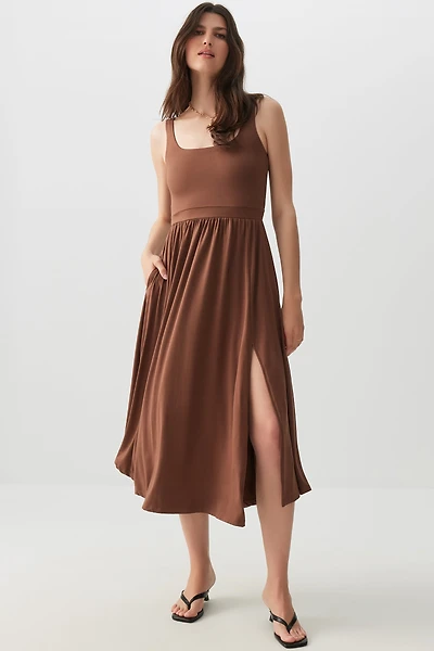 Ardene Super Soft Midi Dress with Slit in Brown | Size Small | Polyester/Elastane | Eco-Conscious