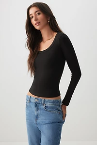 Ardene Crop Scoop Neck Long Sleeve Top in Black | Size | Cotton/Elastane