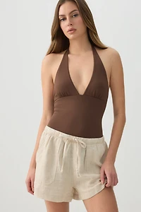 Short à taille mi-haute en mélange de lin