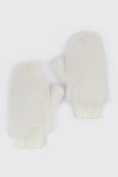 Ardene Faux Fur Mittens in Off-White | Polyester