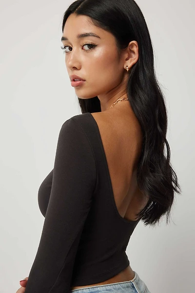 Ardene Open Back Long Sleeve Top in Black | Size XL | Cotton/Elastane