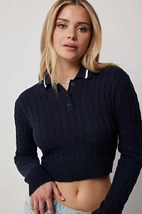 Ardene Cable Knit Polo Sweater in Dark Blue | Size Large | 100% Acrylic