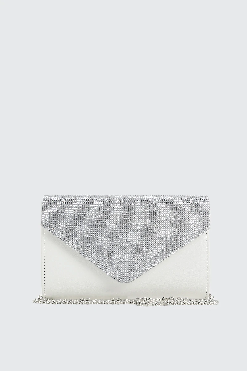 Ardene Rhinestone Envelope Clutch in White | Faux Leather/Polyester