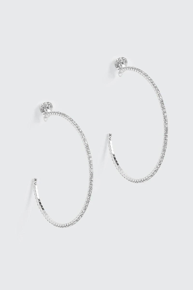 Ardene Large Rhinestone Hoop Earrings in Silver | Stainless Steel