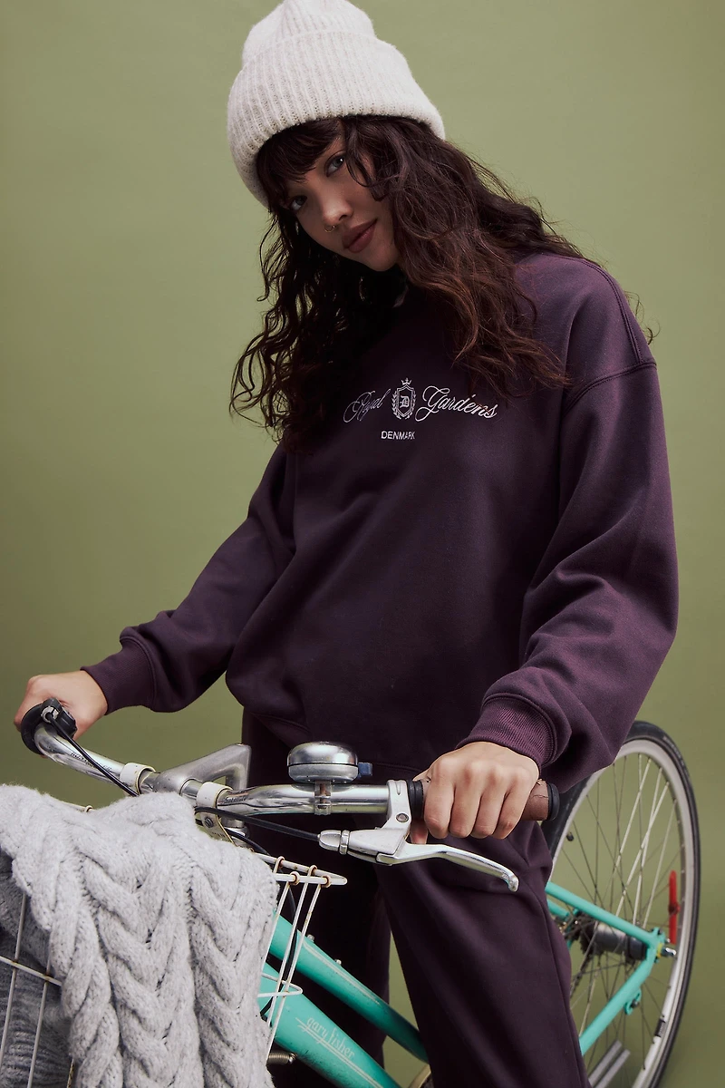 Ardene Embroidered Relaxed Sweatshirt in Dark Purple | Size | Polyester/Cotton | Fleece-Lined