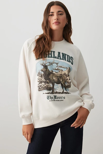 Ardene Destination Crew Neck Sweatshirt in Off-White | Size | Polyester/Cotton | Fleece-Lined