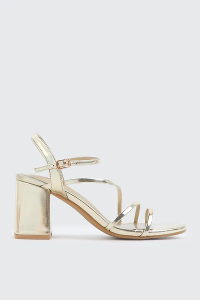 Ardene Block Heel Strappy Sandals in Gold | Size | Faux Leather/Faux Suede | Eco-Conscious