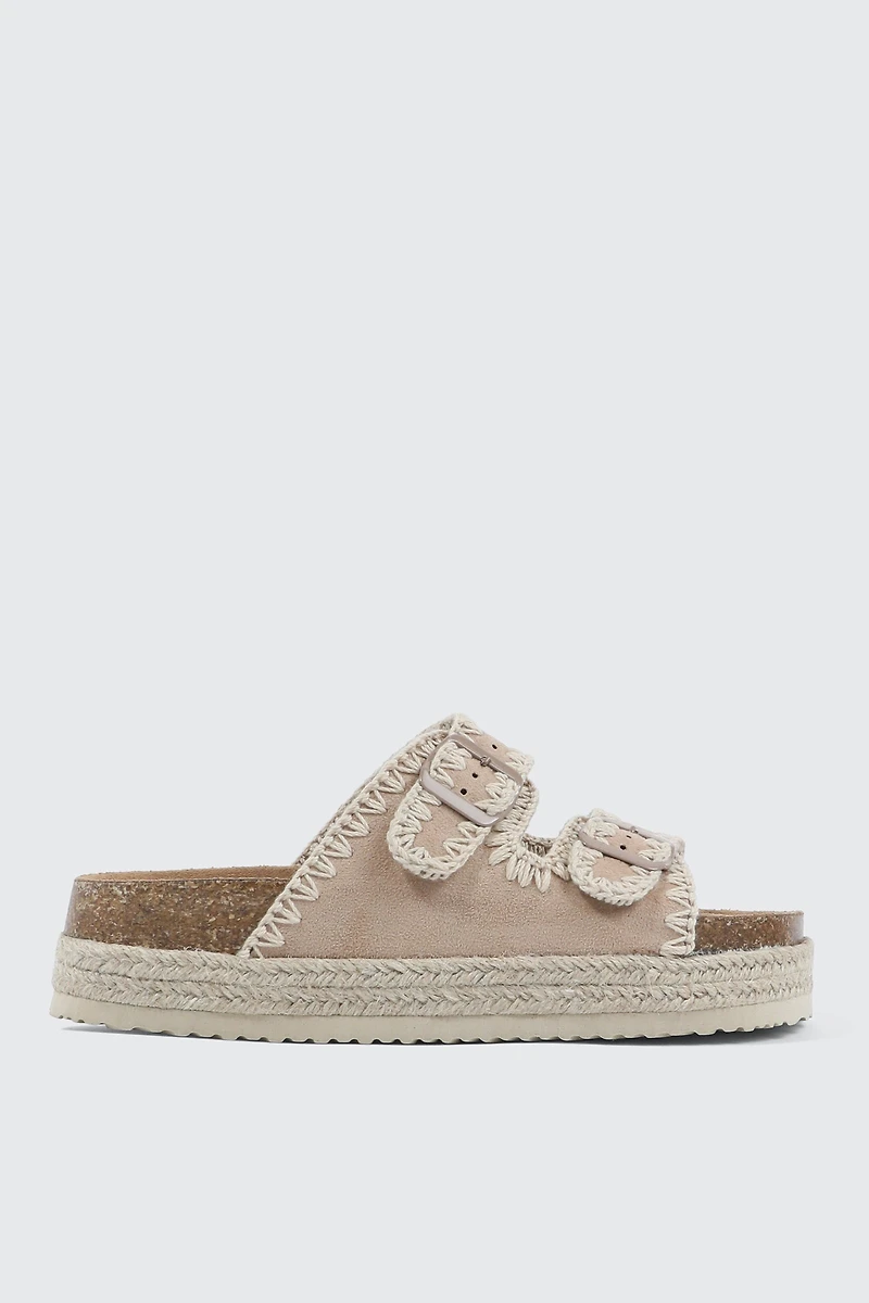 Ardene Double Buckle Espadrille Sandals in Beige | Size | Faux Suede