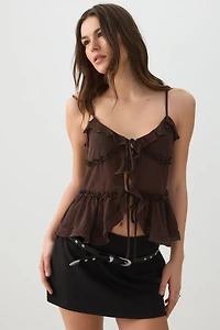 Ardene Tie Front Ruffle Tank Top in Brown | Size | Polyester
