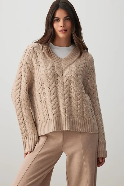 Ardene Cable Knit V-Neck Sweater in Beige | Size | Polyester | Eco-Conscious