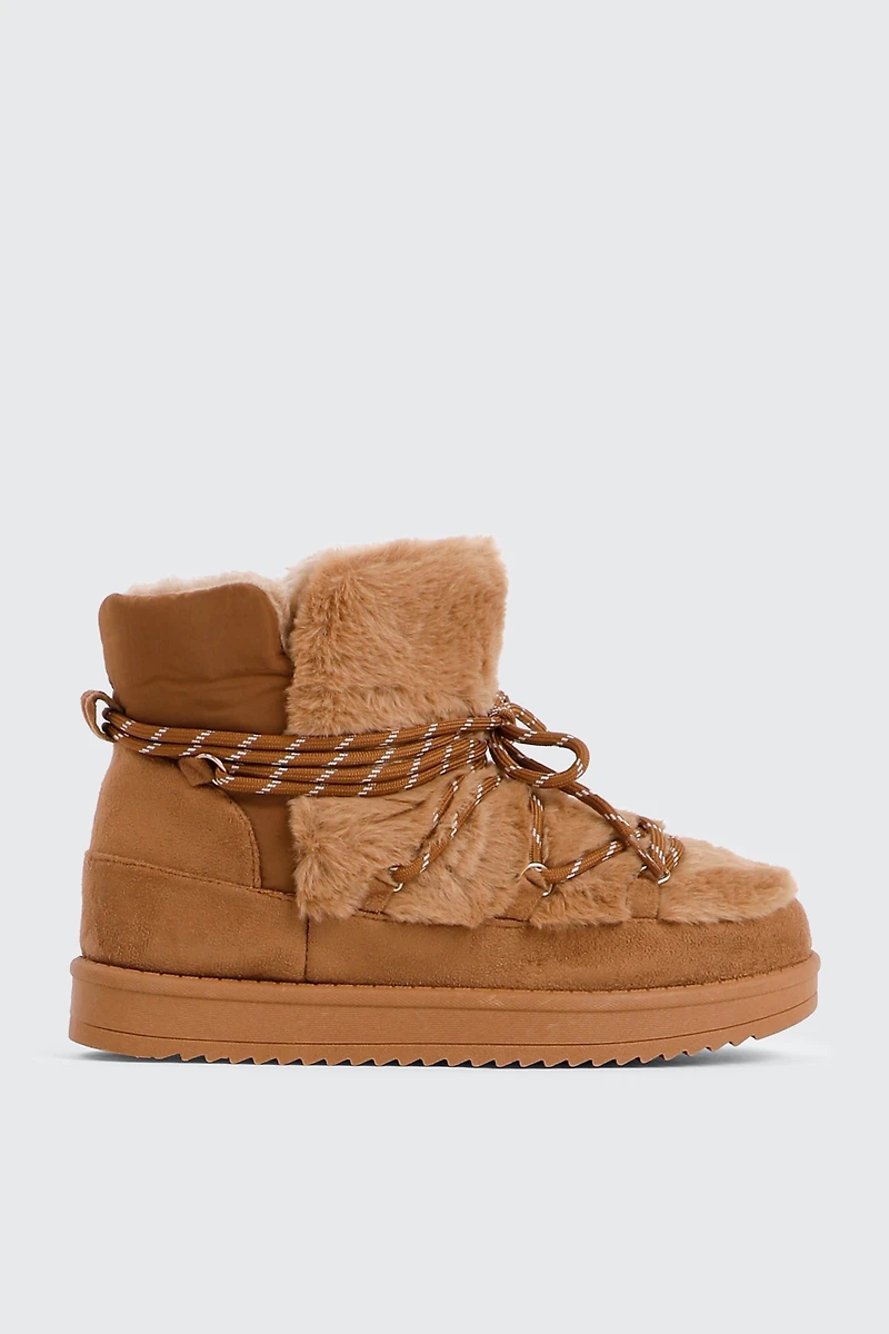 Ardene Laced Faux Sheepskin Boots in Cognac | Size | Faux Suede
