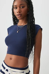 Ardene Ultra Crop Cap Sleeve T-Shirt in Dark Blue | Size Medium | Cotton/Elastane