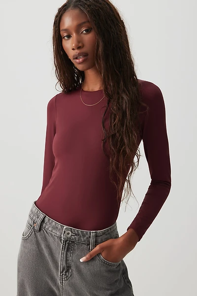 Ardene Contour Long Sleeve Bodysuit in Burgundy | Size | Nylon/Elastane