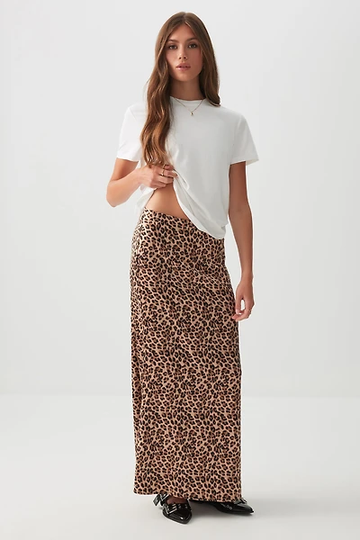 Ardene Leopard Satin Maxi Skirt in Brown | Size | Polyester/Spandex