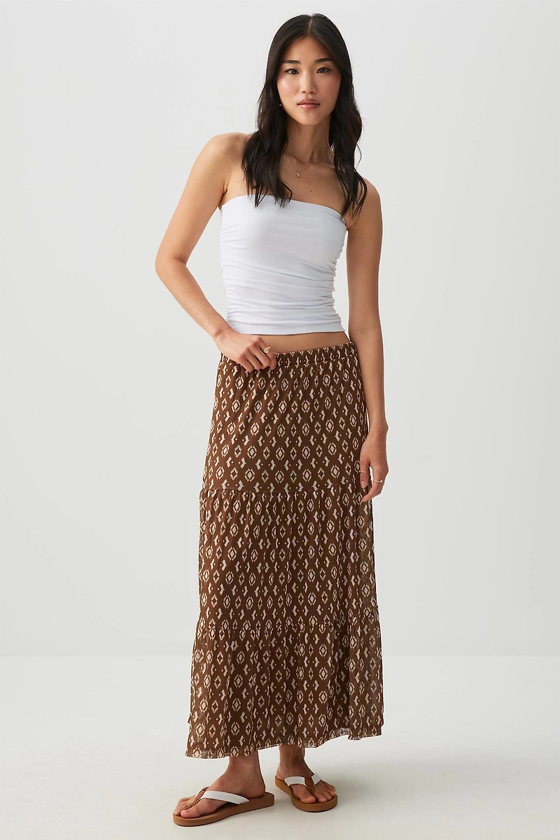 Ardene Printed Tiered Maxi Skirt in Brown | Size Large | Polyester/Spandex