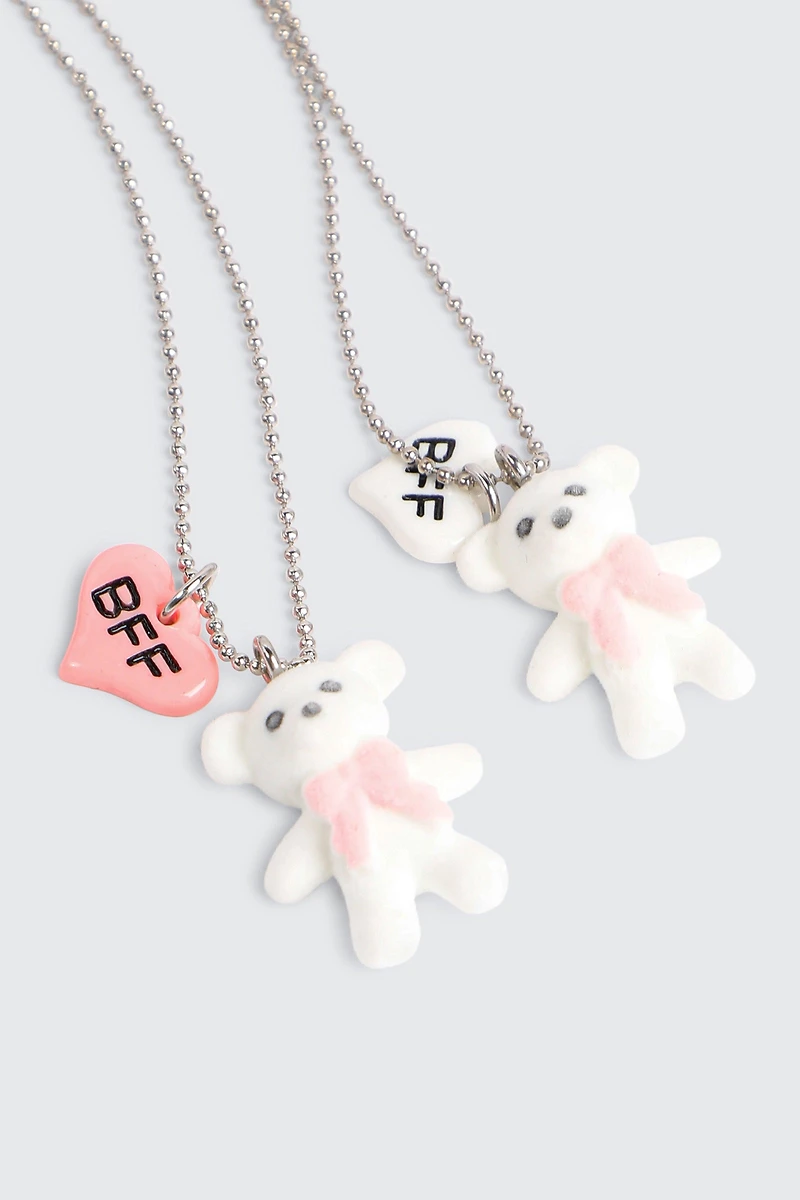 Ardene Kids 2-Pack Fuzzy Bear BFF Pendant Necklaces in Silver