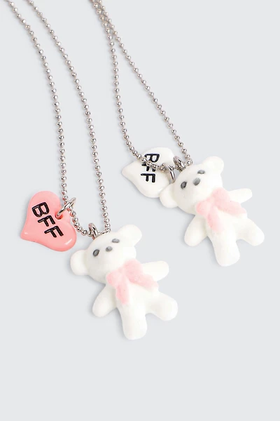 Ardene Kids 2-Pack Fuzzy Bear BFF Pendant Necklaces in Silver