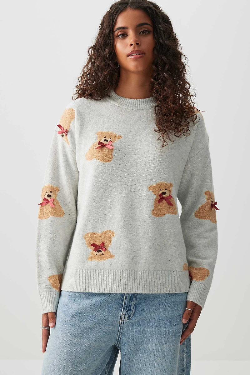 Ardene Teddy Bear Sweater in Light Grey | Size | Polyester/Elastane