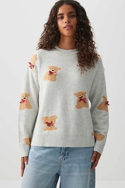 Ardene Teddy Bear Sweater in Light Grey | Size | Polyester/Elastane