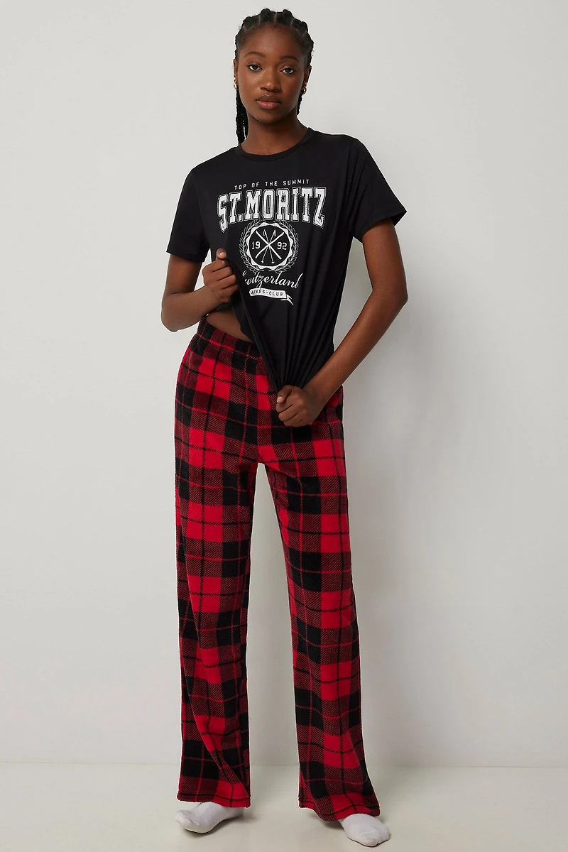 Ardene Printed Plush PJ Pants in Red | Size XS | 100% Recycled Polyester | Eco-Conscious