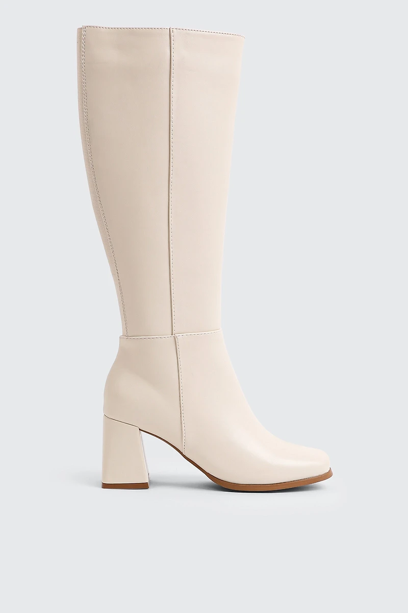 Ardene Flare Block Heel Knee High Boots in Off-White | Size | Faux Leather/Faux Suede | Eco-Conscious