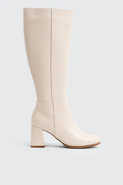 Ardene Flare Block Heel Knee High Boots in Off-White | Size | Faux Leather/Faux Suede | Eco-Conscious