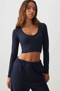 Ardene Ultra Crop Long Sleeve Seamless T-Shirt in Concord Blue | Size | Polyester/Nylon/Elastane | Eco-Conscious