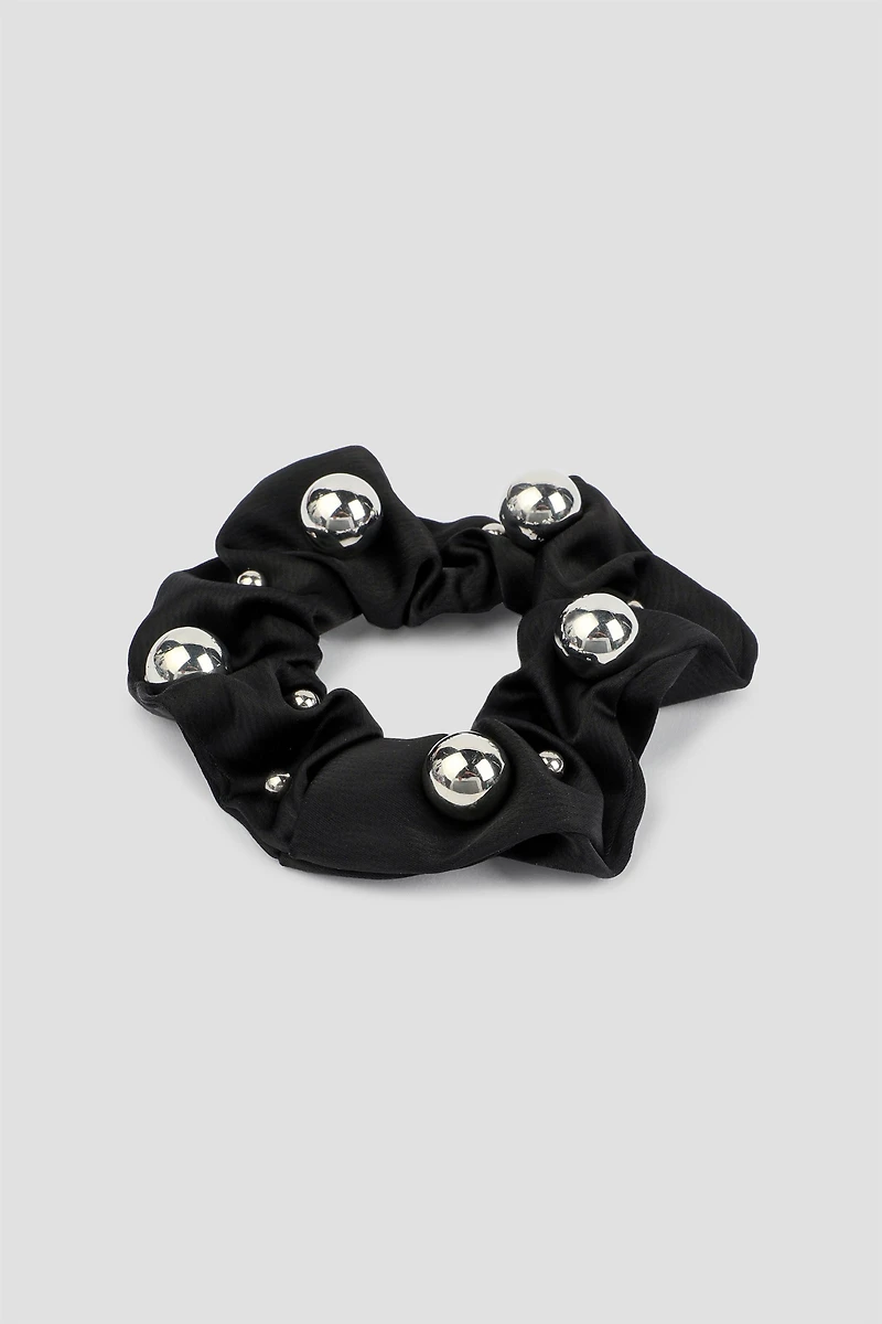 Ardene Satin Scrunchie with Metal Balls in Black